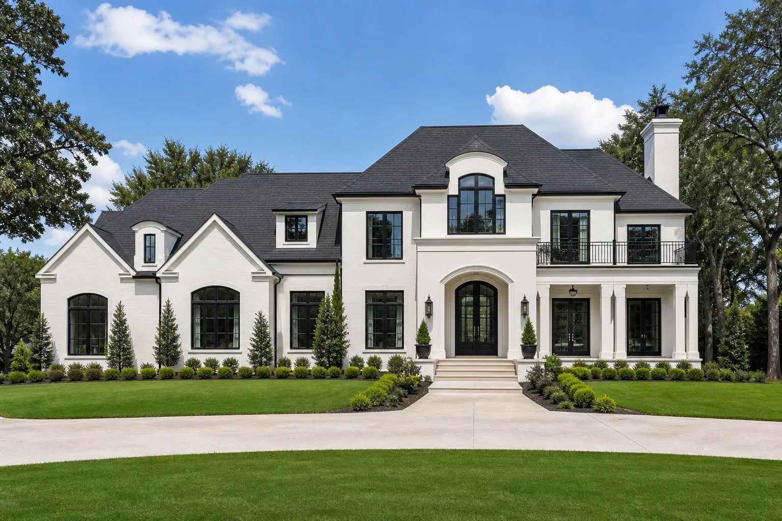 Two-story custom home exterior with white walls and dark trim