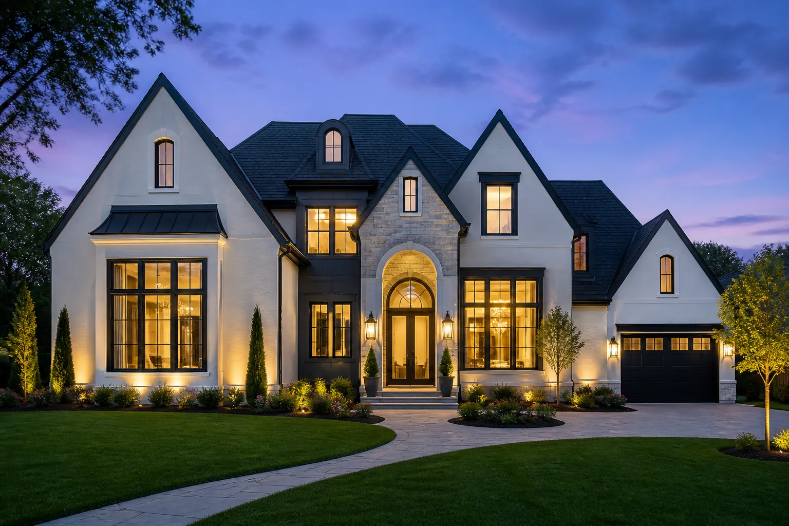 Two-story custom home exterior at dusk with warm lit windows