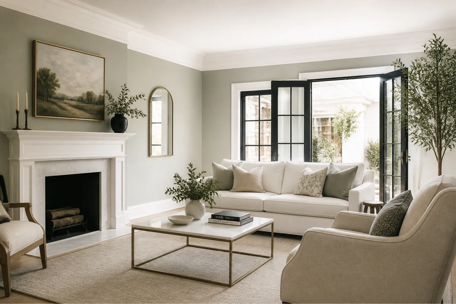 Living room with a fireplace, neutral walls, and black-framed windows