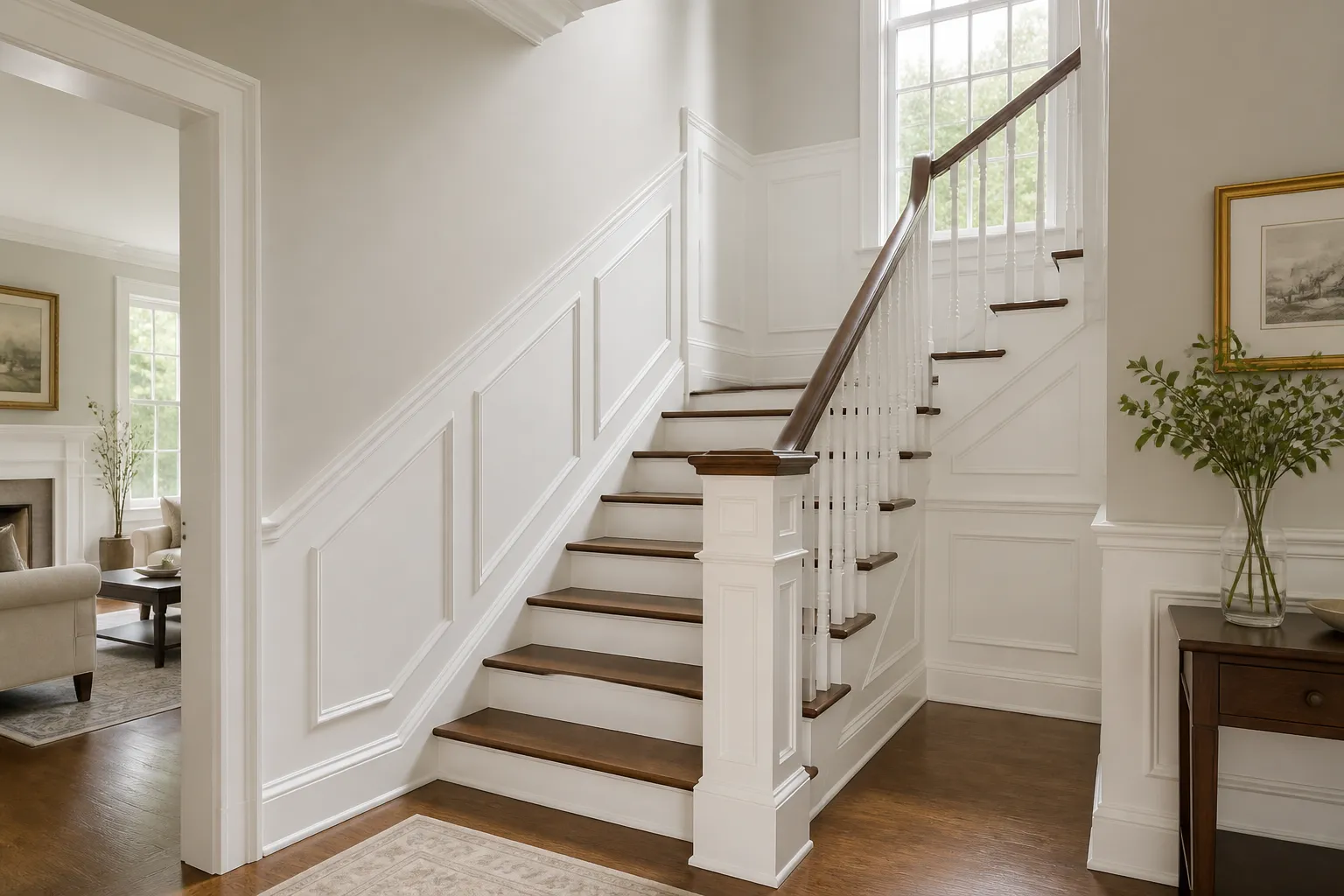 Staircase with white wainscoting and a dark wood handrail